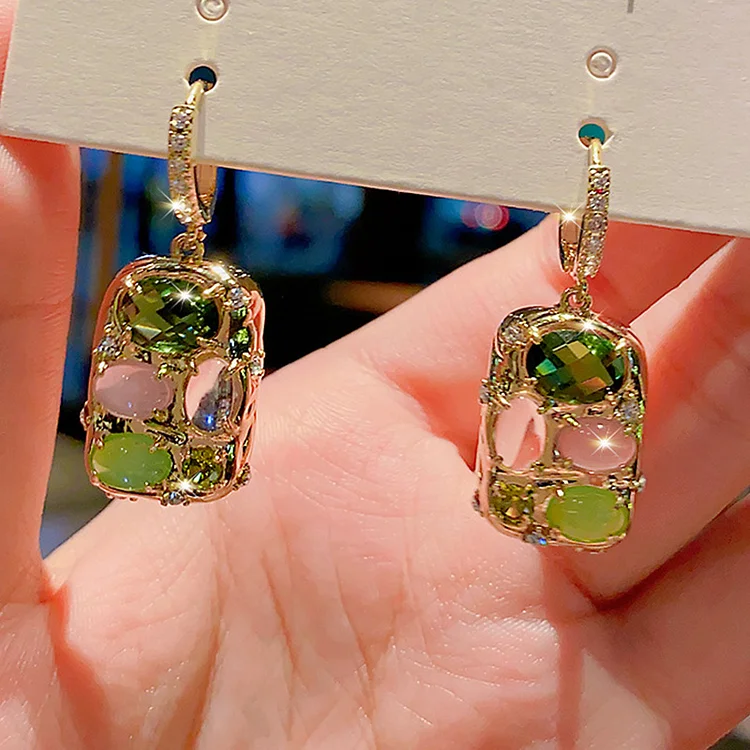 Fashion Square Cat Eye Metal Rhinestone Earrings-Green