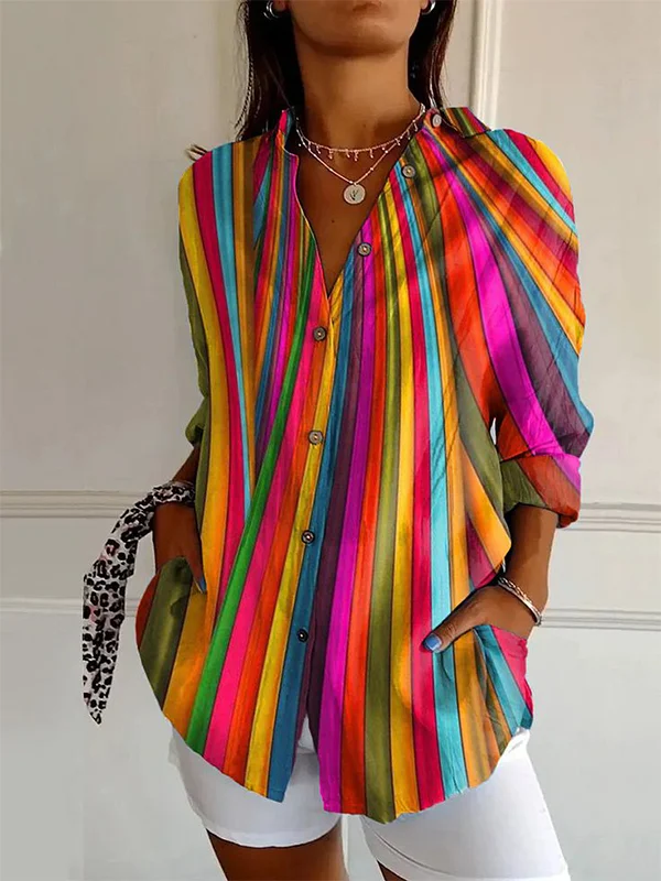 Women's Vacation Rainbow Striped Print Long Sleeve Shirt