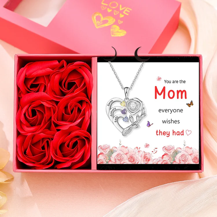 Personalized Mother Rose Necklace 3 Stones Engraved 3 Names Birthstone Intertwined Heart Pendant for Mom