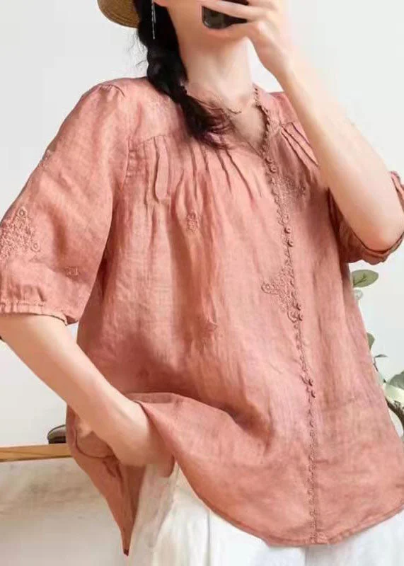 Stylish Orange V Neck Embroidered Summer Ramie Shirts Half Sleeve