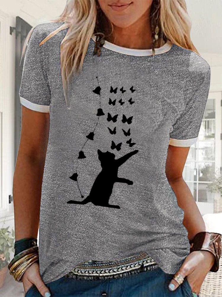 Cat Butterflies Print Contrast Color Short Sleeve T shirt For Women P1665084
