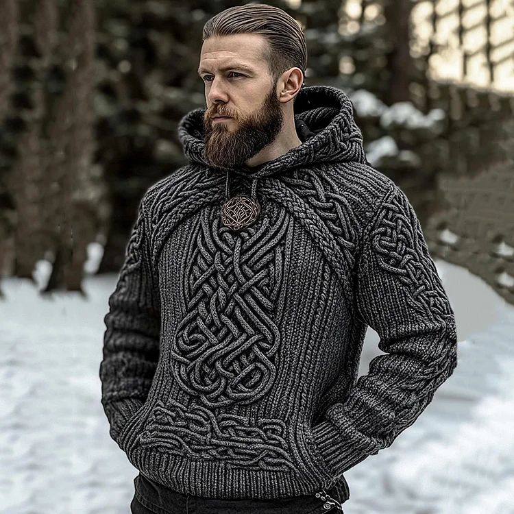 Men's Vintage Viking Jacquard Cozy Knit Hooded Sweater