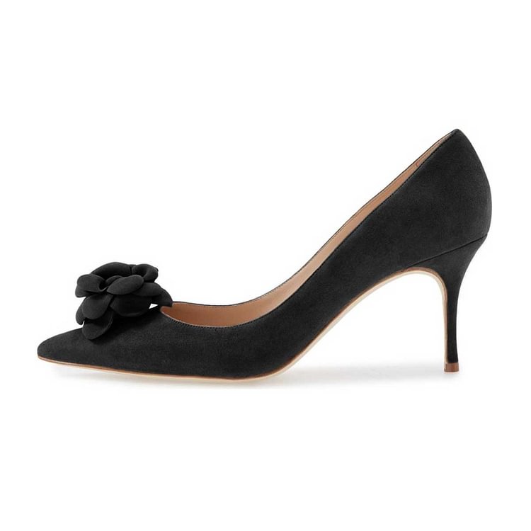 Black Flowers Suede Office Heels Stiletto Heels Dress Pumps by FSJ |FSJ Shoes