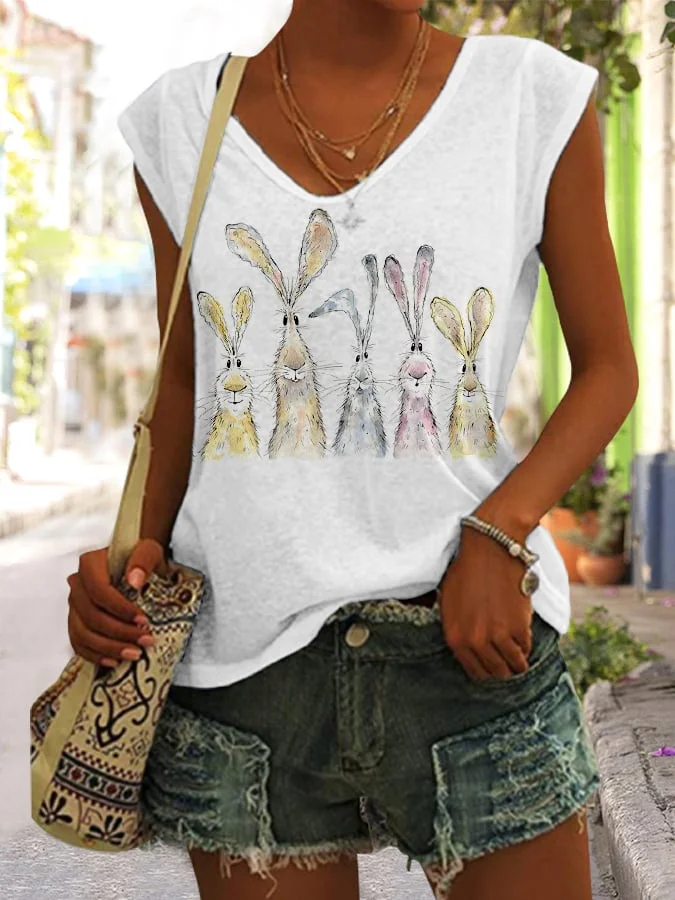 Women's Eatser Watercolor Hare Print Sleeveless Tee socialshop