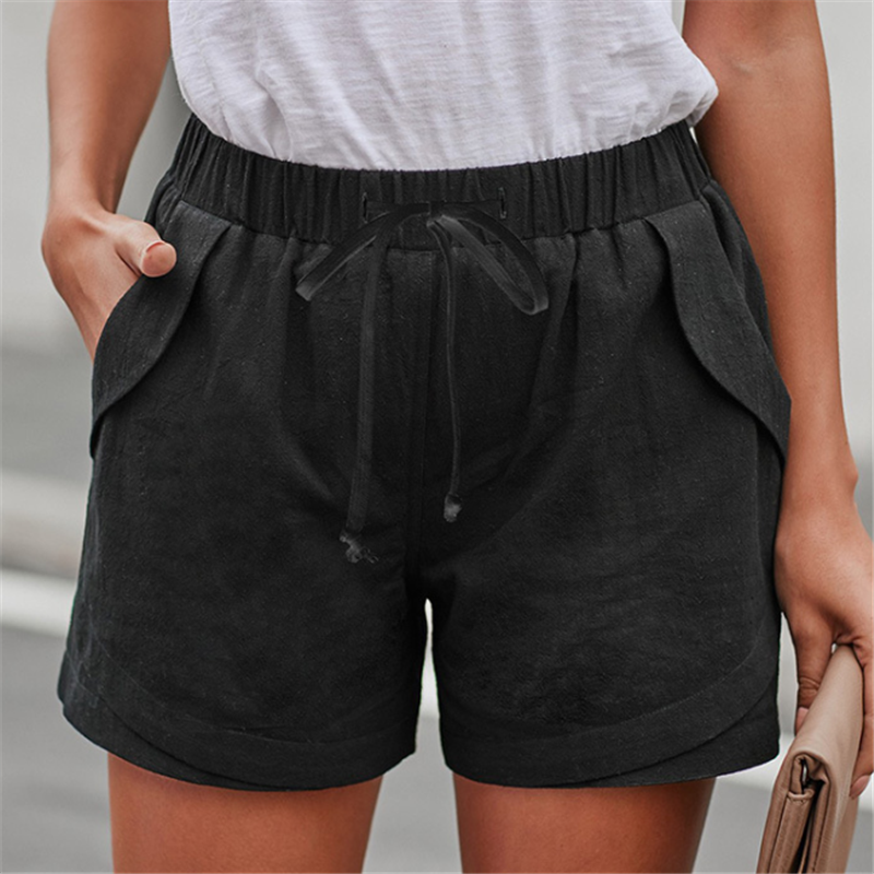 Women's rope elastic waist cotton and linen casual shorts