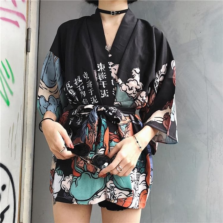 Black/Yellow Loose Harajuku Haori Coat SP1812588