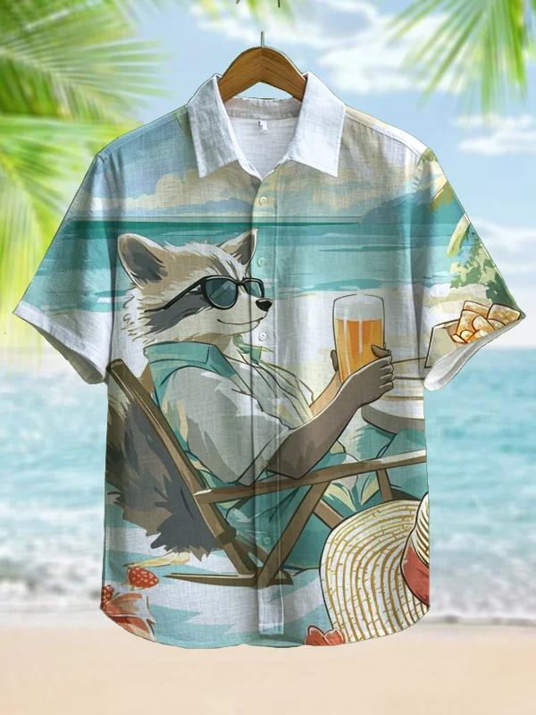 Men's A Raccoon Sitting At The Beach Eating Snacks Print Short Sleeve Vacation Shirt
