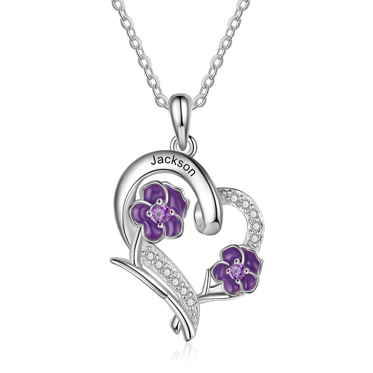 February Birth Month Flower Necklace Violet Necklace with 2 Birthstones