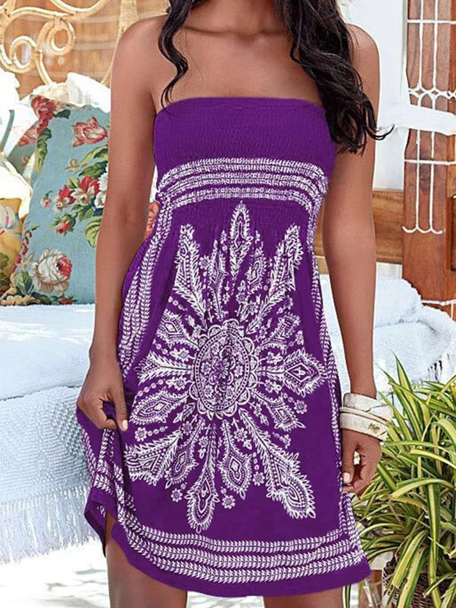 Vacation Style Printing Strapless Floral Dress