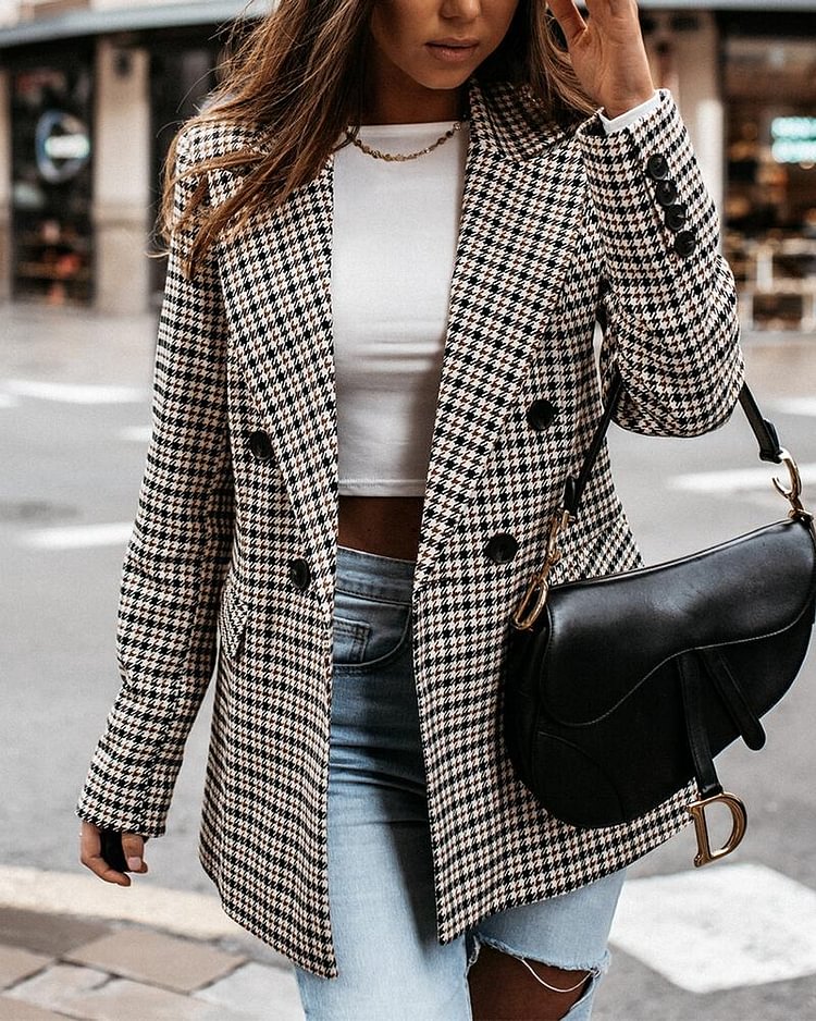 Lapel Collar Double Breasted Flap Detail Plaid Blazer