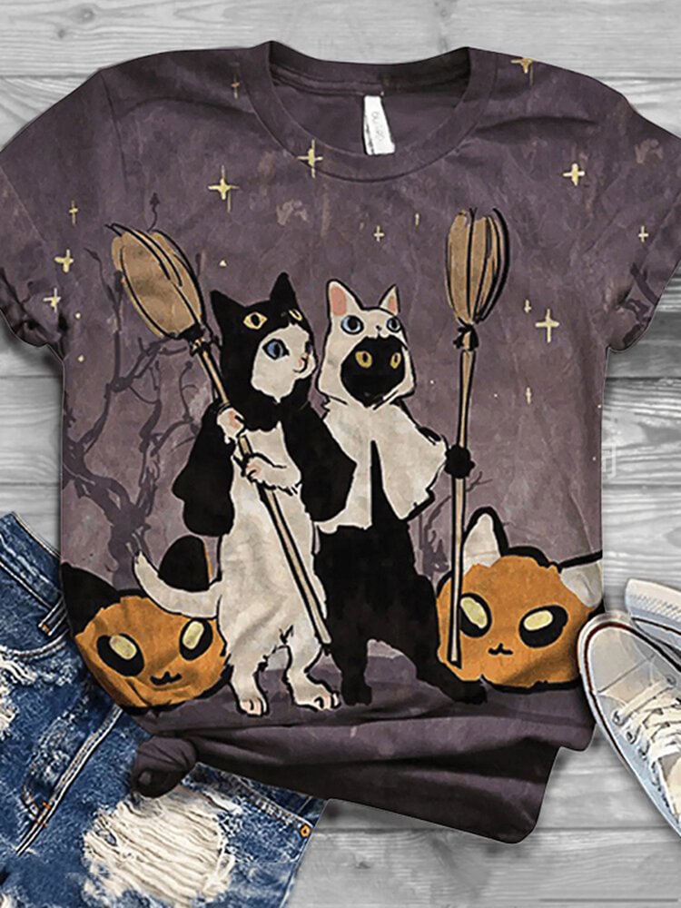 Cartoon Cat Printed Short Sleeve O neck T shirt For Women P1714505