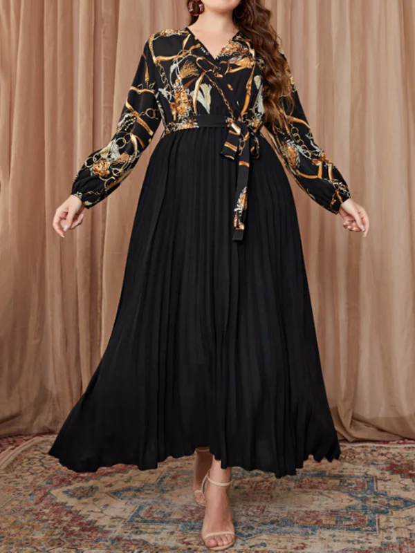 Pleated Printed Split-Joint Tied Waist Long Sleeves Loose V-Neck Maxi Dresses