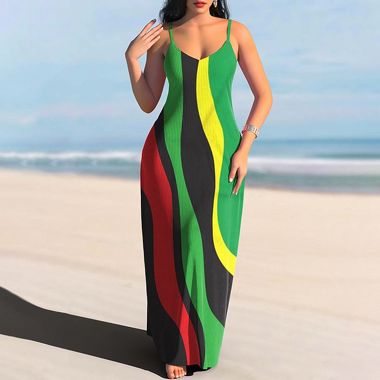 Juneteenth Contrasting Wavy Stripes Slip Maxi Dress