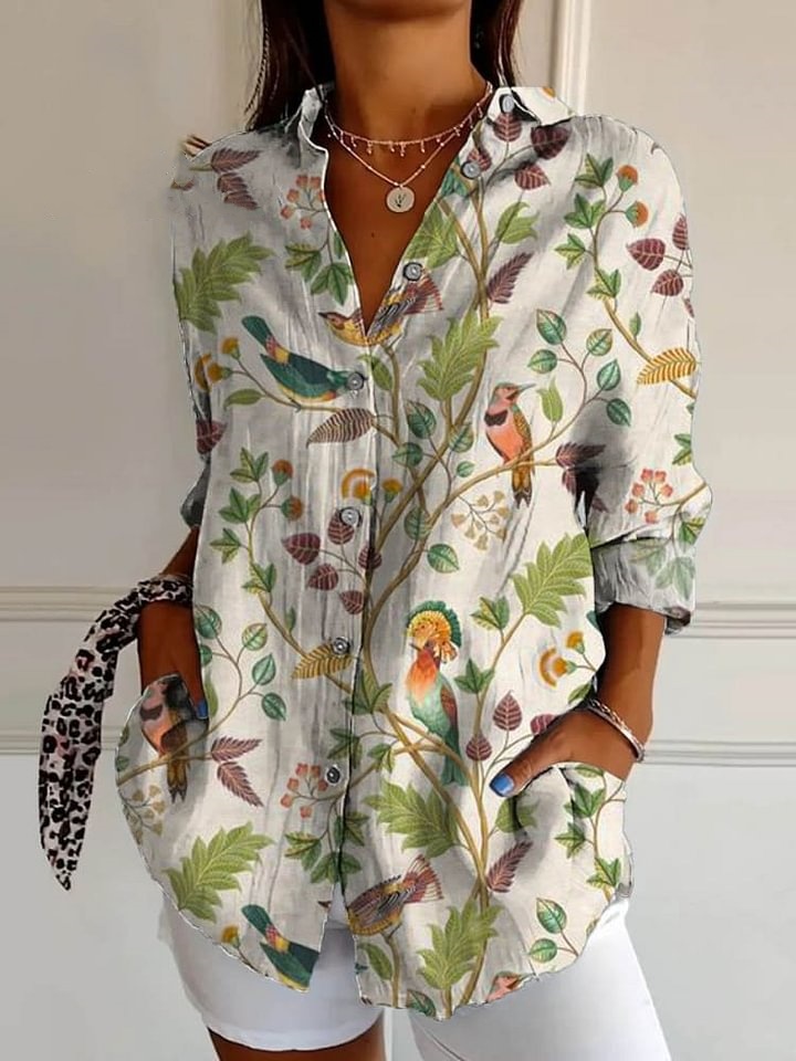 Women's Lovely Floral Birds Art Print Casual Cotton Shirt