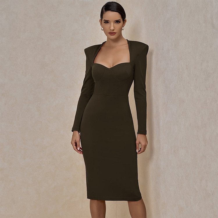 Ocstrade Runway New Fashion Crepe Sweetheart Long Sleeve Bodycon Dress Autumn Winter Green Midi Bodycon Dress Club Party - BlackFridayBuys