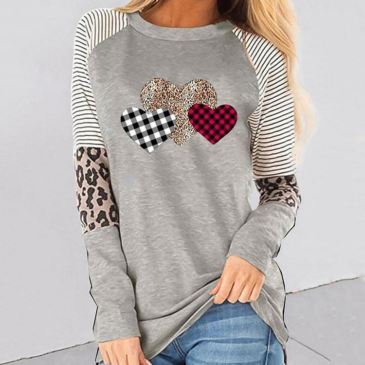 Comstylish Women's Leopard Check Love Print Long Sleeve Tunic
