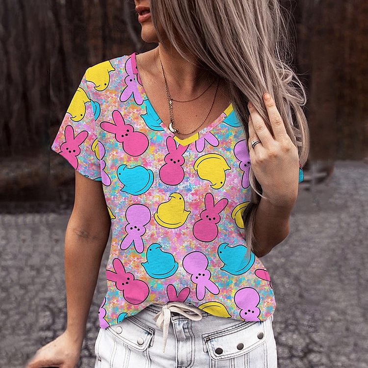 Comstylish Easter Colorful Bunny V-Neck Short Sleeved Casual T-Shirt