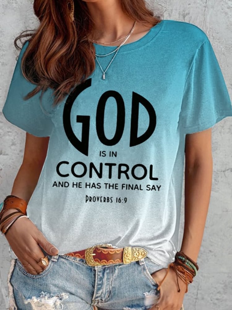 Vefave God Is In Control Print Gradient Casual T Shirt