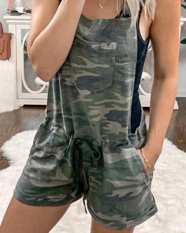 camo drawstring elastic waist pockets romper p126155