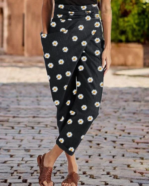 daisy print casual wrap pocket irregular harem pants with belt p318002
