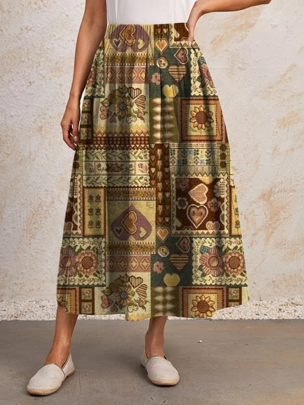 Women's Retro Heart Bohemian Ethnic Floral Pattern Art Print Skirt?