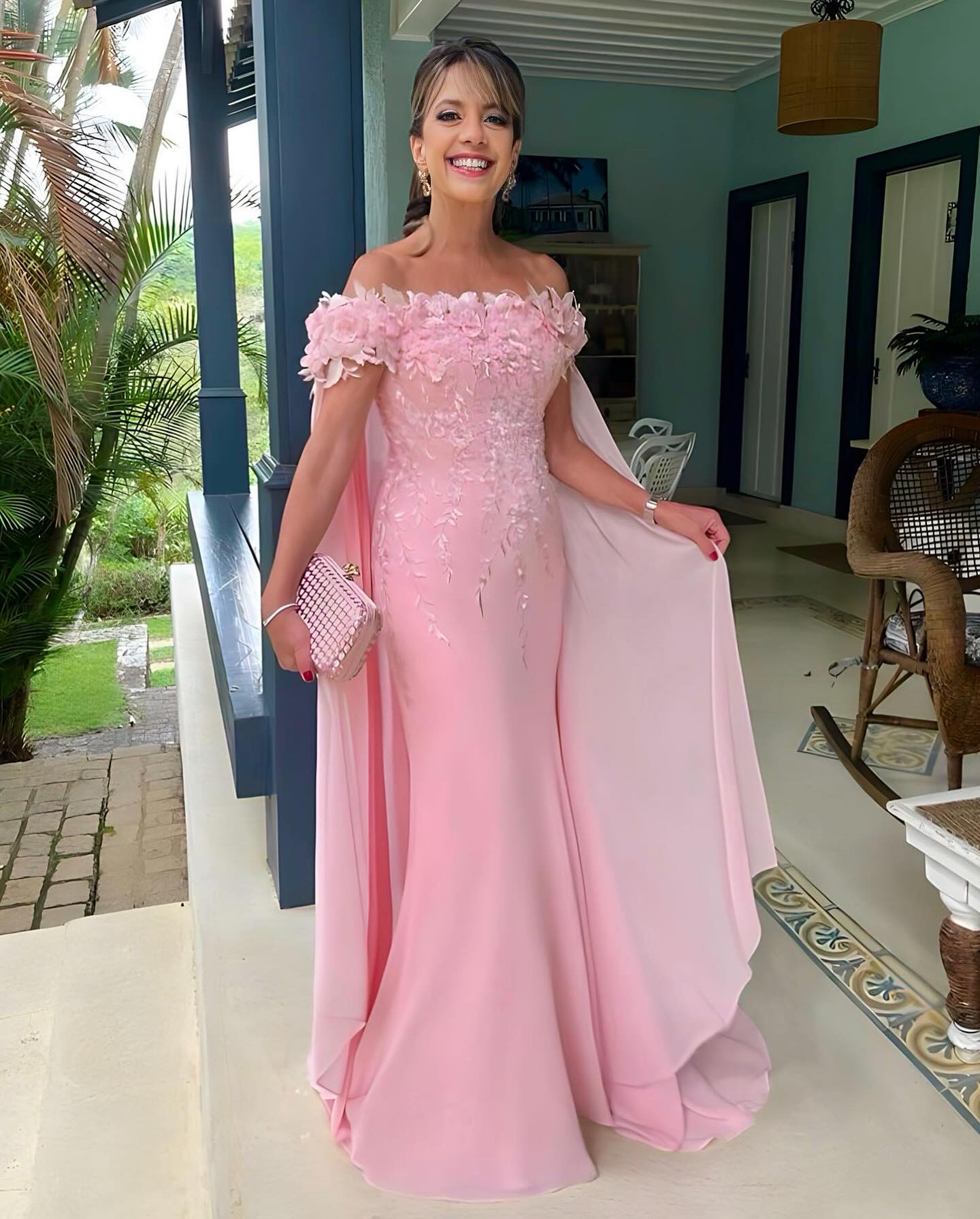 Miabel Graceful Candy Pink Off-the-shoulder Applique Long Prom Dress