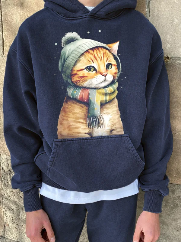 Men's Big Pocket Cute Scarf Cat Graphic Print Hooded Sweatshirt