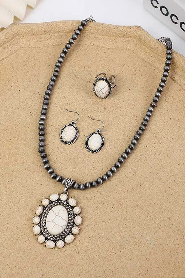 White Turquoise Necklace & Earrings & Rings Set