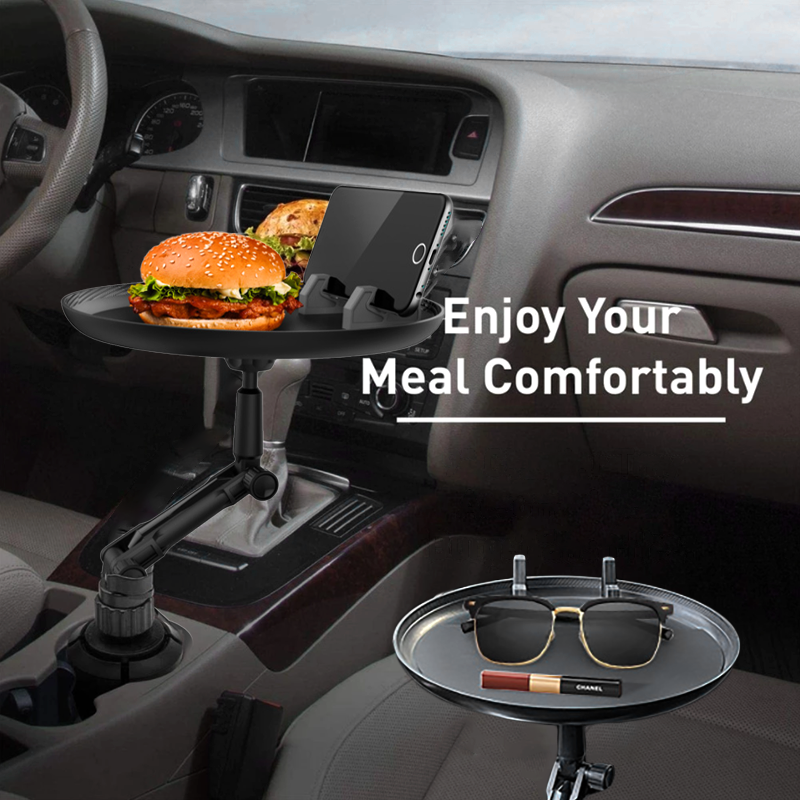 Car Cup Holder Swivel Tray - Adjustable Car Tray Table with 9" Circular Tray & Phone Slot & 360° Swivel Arm