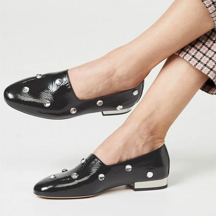 Black Almond Toe Rhinestone Embellished Flat Shoes for Women |FSJ Shoes