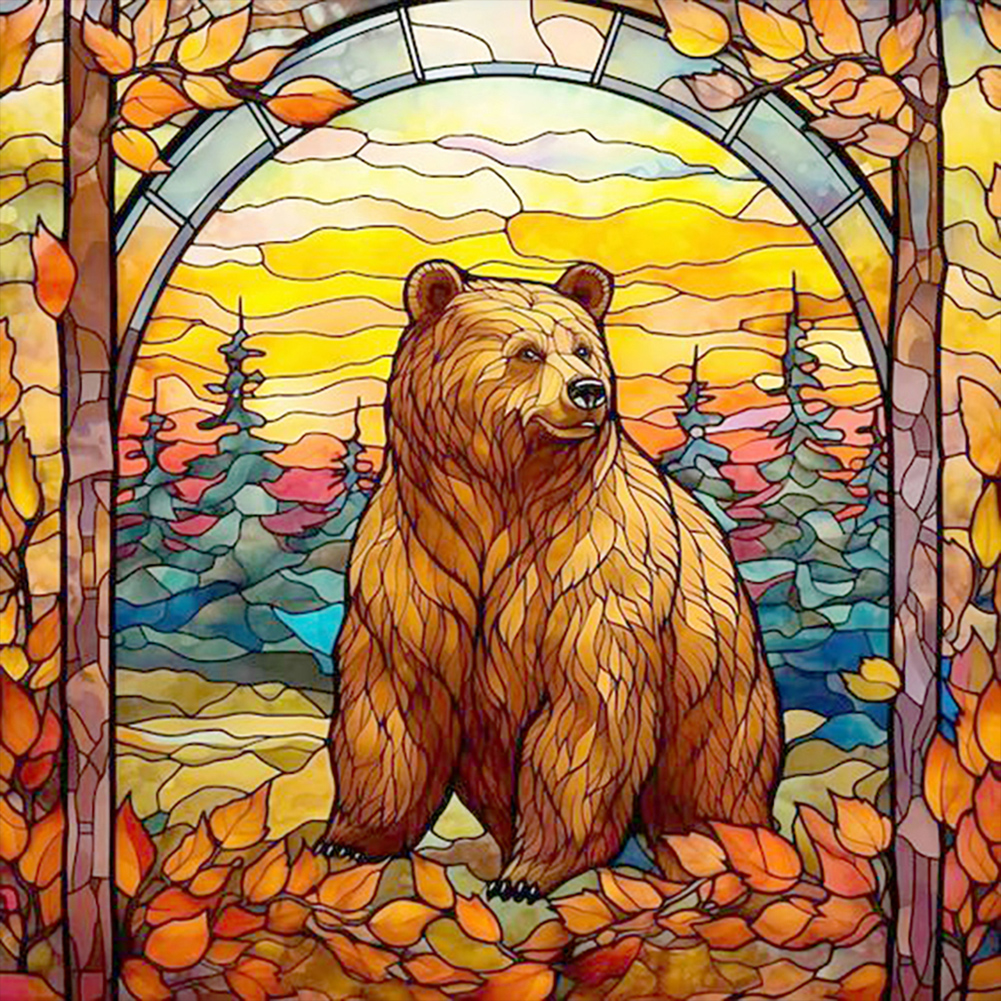 Stained Glass Brown Bear 30 30CM Canvas Full Round Drill Diamond Painting