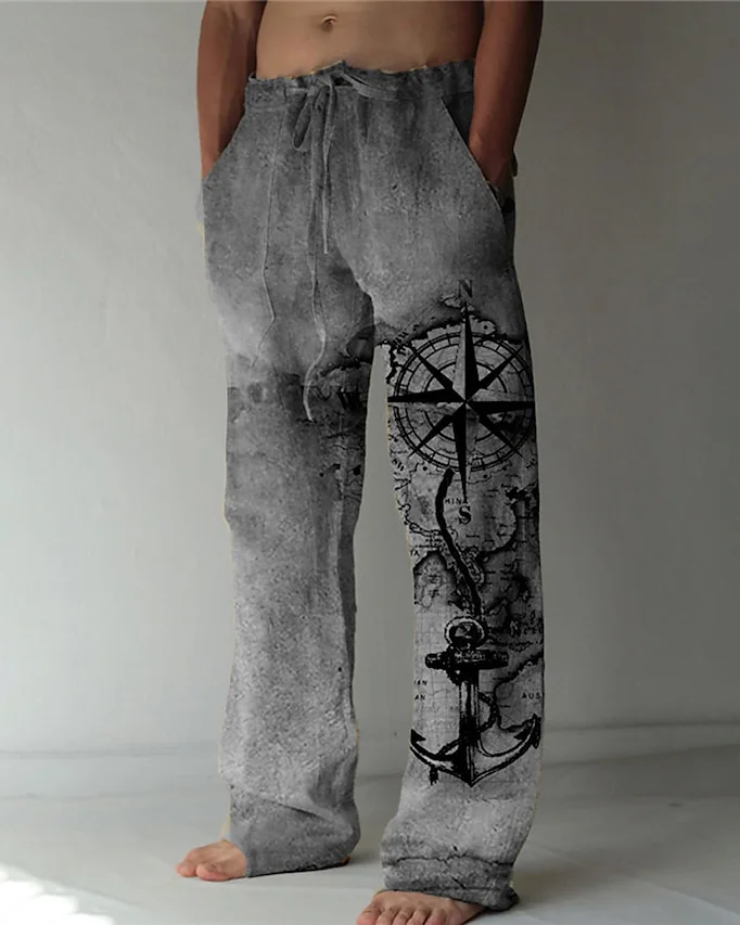 Suitmens Men's Nautical Compass Cotton Linen Trousers 19