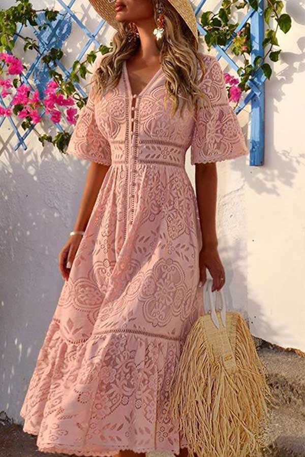 Ruffled V-neck Button Up Lace Dress - Shop Trendy Women's Clothing | LoverChic
