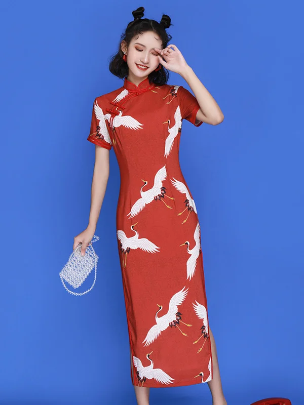Red Stamped Short Sleeve Split-Side Long Cheongsams