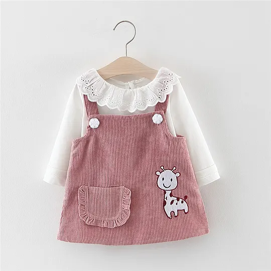 【6M-3Y】Girls' Solid T-Shirt + Cute Giraffe Corduroy Pinafore Dress 2-Piece Set