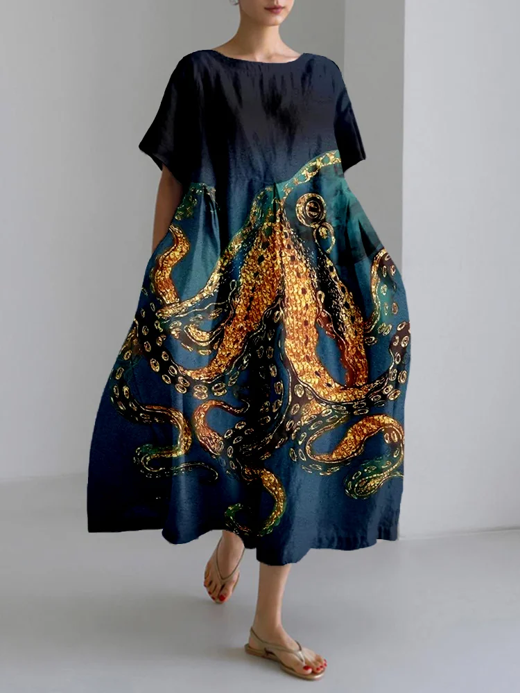 Comstylish Ocean Octopus Art Pattern Linen Blend Maxi Dress