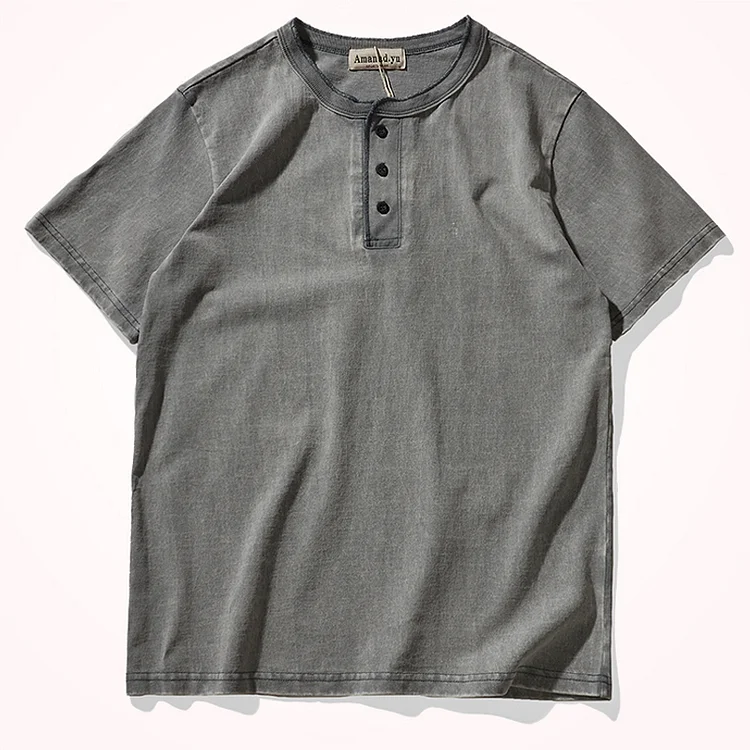 TIMSMEN American Heavy Henley Collar Cotton Short Sleeve T-Shirt