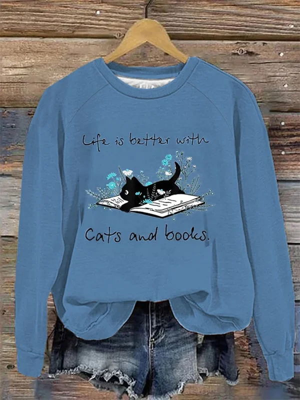 Fun Cat Print Casual Crew Neck Sweatshirt