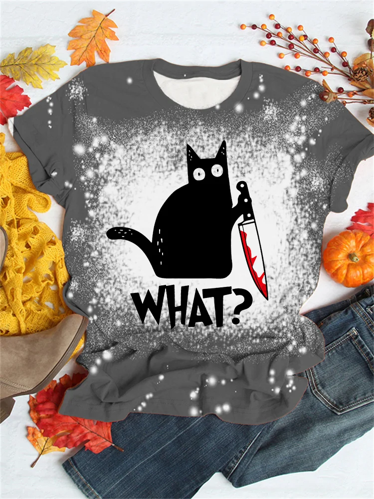Vefave Black Cat With Bloody Knife Bleached T Shirt