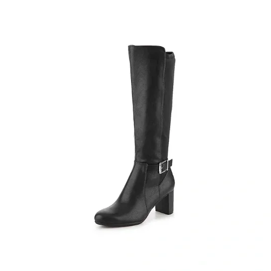 Black Calf-Length Low Heel Boots Vdcoo