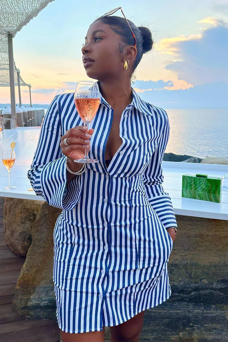 blue striped dress outfit Cabana Life - Stripe Smocked Waist Dress - Navy main image 0