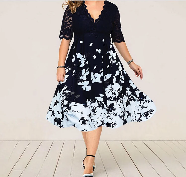 Plus Size Digital Print Lace Panel Dress socialshop