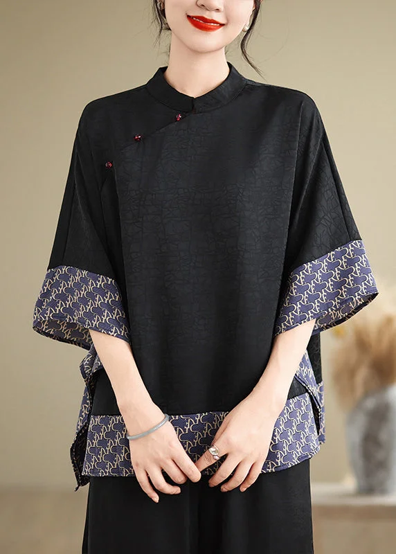 Vintage Blue Oversized Patchwork Silk Shirts Summer