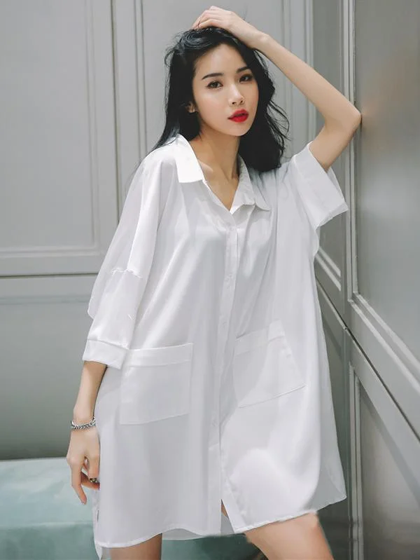 White Loose Short Sleeves Ice Silk Shirt Pajamas