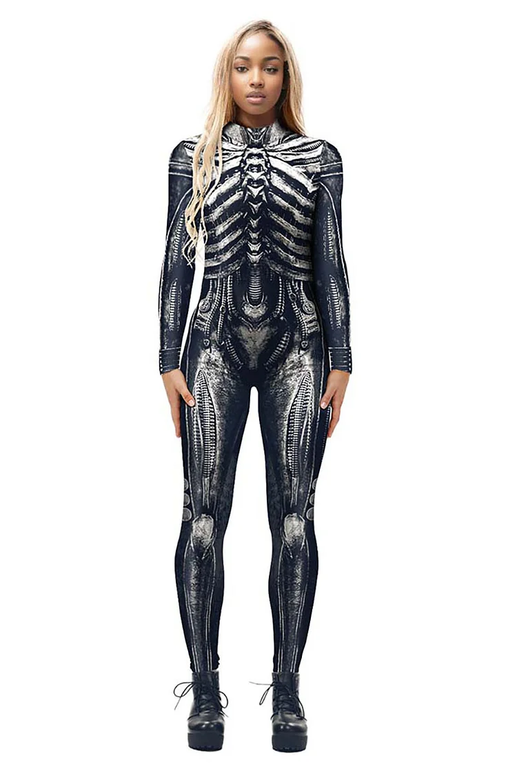 Human Skeleton Pattern Print Mock Neck Long Sleeve Slim Fit Halloween Jumpsuit