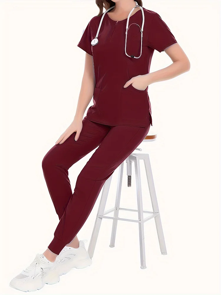 Nurse Work Two-piece Set, Crew Neck Pocket Front Scrub Tops & Drawstring Pants Outfits For Hospital, Women's Clothing