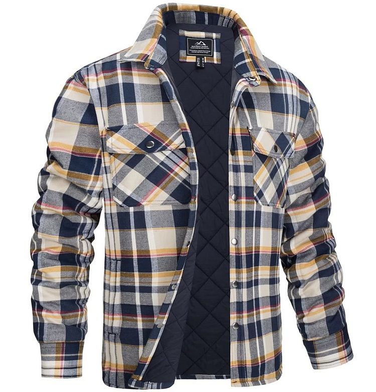 Men's Flannel Quilted Lining Padded Long Sleeve Button Check Jacket