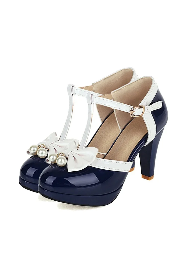 Plus Size Retro T-Strap Bow High Heel Shoes