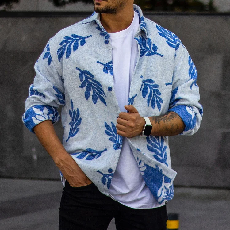 Men's Casual Leaf Geometric Pattern Shirt Jacket