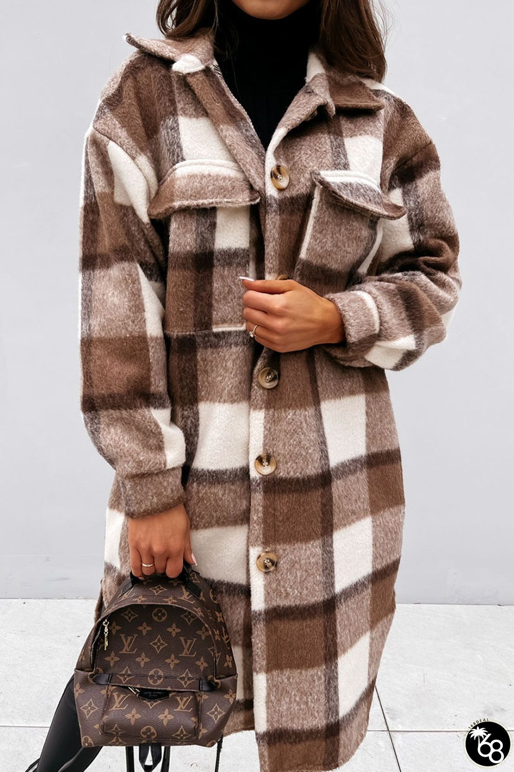 Coffee Casual Plaid Print Patchwork Buckle Turndown Collar Outerwear | 168DEAL